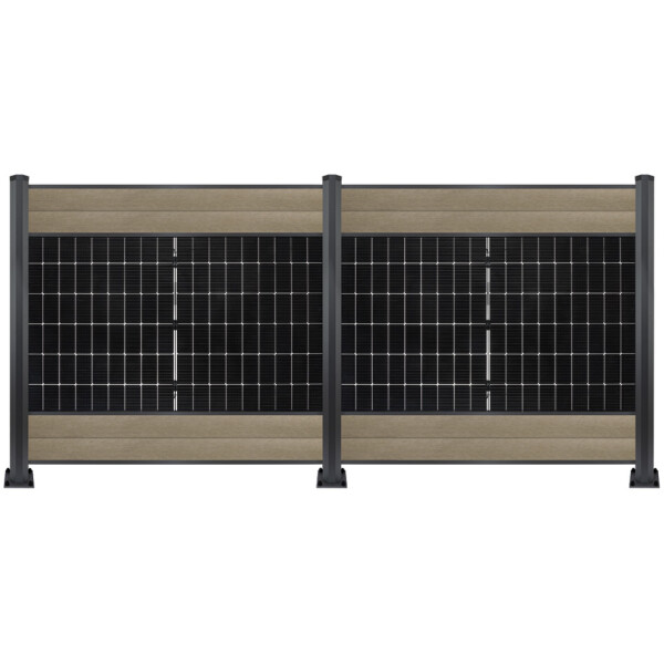 PV Zaun 2.0 Lieckipedia Solarzaun - Quer mit Boards - System 2,5m Pfosten zum einbetonieren Teakholz 2 Module ohne Pfostenbeleuchtung